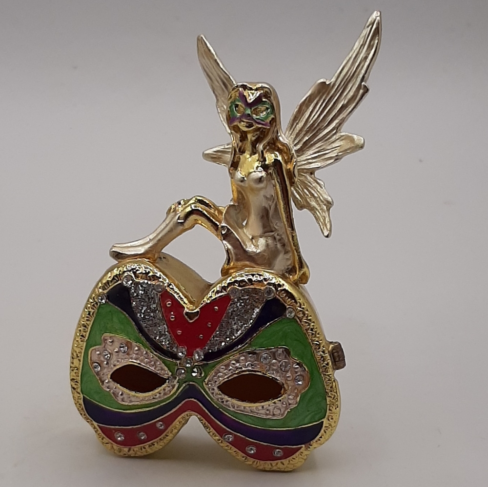 New Metal Fairy Pixie Mardi Gras Mask Trinket Box Magnetic Hinged Closure